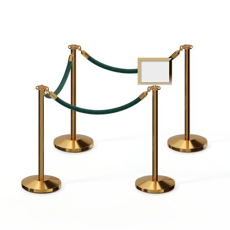 MONTOUR LINE Stanchion Post & Rope Kit Pol.Brass, 4FlatTop 3Green Rope 8.5x11H Sign C-Kit-3-PB-FL-1-Tapped-1-8511-H-3-PVR-GN-PB